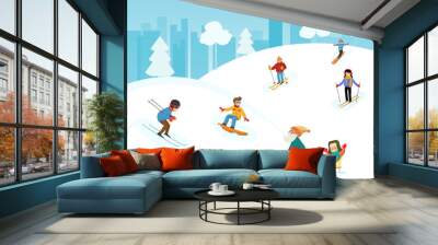 Urban winter landscape with people vector illustration. Winter background with people in snowy park. Happy children and families are skating, sledding, skiing Wall mural