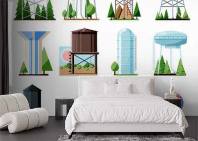 Water tower vector tank storage watery resource reservoir and industrial high metal structure container water-tower illustration set of towered construction isolated on white background Wall mural