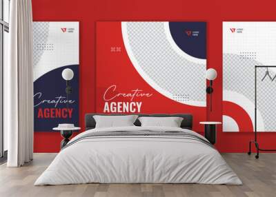 Red minimal corporate social media post design. Creative round shape business square template bundle Wall mural