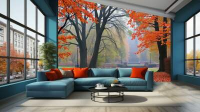 A tranquil autumn pathway lined with vibrant orange leaves in a serene park setting during a foggy morning Wall mural