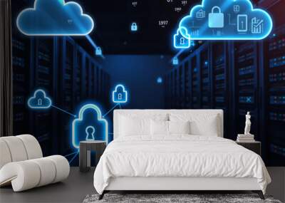 Cloud computing concept featuring cloud icons and a padlock, symbolizing security and data protection in the digital realm Wall mural