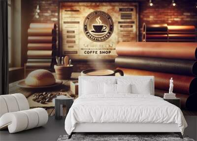 coffee shop interior with coffee mug and beans on the table Wall mural