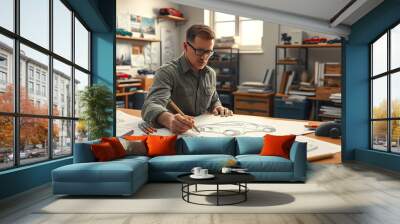 engineer seated at a desk is focused on drawing car sketch on a piece of paper Wall mural