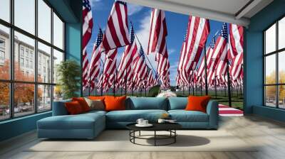 American national flags veterans of Memorial day display with blue sky and clouds. Concept of independence day, memorial day, national holiday Wall mural