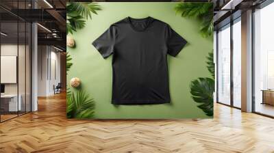 Black blank t-shirt mockup template front view. Plain blank t-shirt front view with apparel mockup design. Men's casual t-shirt mockup Wall mural