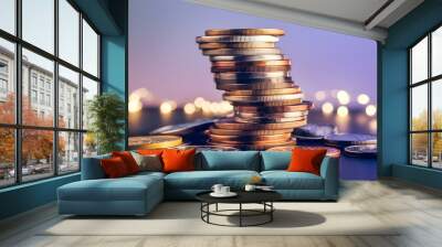 Dynamic Stacked Coins on a Table Surrounded by Soft Lights, Representing Wealth, Investment Opportunities, and Financial Growth in a Modern Economy Wall mural