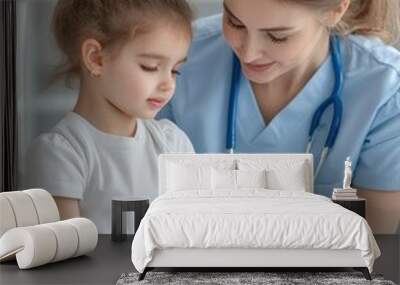 A caring nurse administers a vaccine to a young girl, promoting health and safety in a calm environment. Wall mural