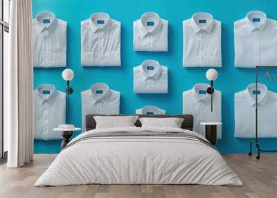 A collection of neatly folded white shirts arranged on a vibrant blue background, showcasing simplicity and elegance. Wall mural