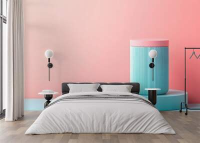 A modern container on a pastel pedestal against a gradient wall, showcasing a stylish blend of mint and pink colors. Wall mural