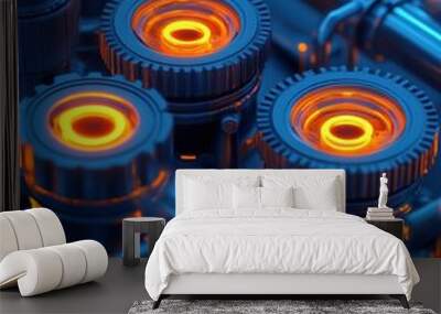 Close-up of illuminated industrial pipes with glowing orange elements, showcasing modern technology and intricate design. Wall mural