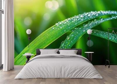 Close-up view of fresh green grass with dew drops glistening in the sunlight, showcasing nature's beauty and vibrant colors. Wall mural