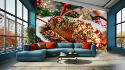 Festive Christmas table setting with a delicious cooked lobster, holiday decor, and glowing candles. Wall mural