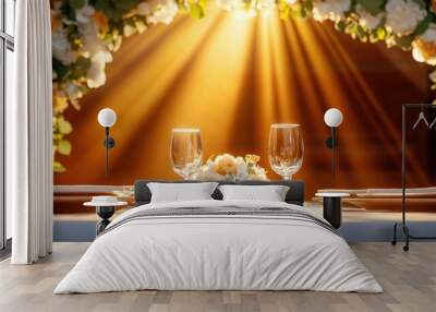 Intimate Dinner Setting with Floral Arc and Soft Lighting Wall mural