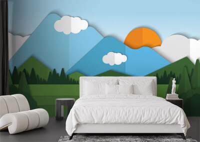 Beauty nature landscape paper cut style with cloud background vector illustration, landscape pattern Wall mural