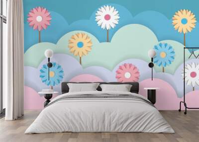 Summer abstract paper cut with flowers background vector, paper art with pastel color design illustration vector Wall mural