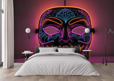 A neon-colored Halloween mask with digital designs Wall mural