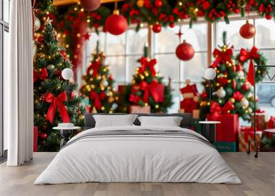 Christmas backdrop with festive decorations featuring a red and green theme, creating a classic holiday atmosphere Wall mural