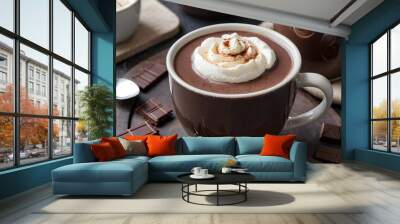 Cup of hot cocoa made with dark chocolate, brain-boosting drink, comforting and healthy. Wall mural