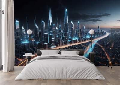 Glowing digital data streams flowing through a virtual cityscape, futuristic glowtime, tech innovation and connectivity. Wall mural