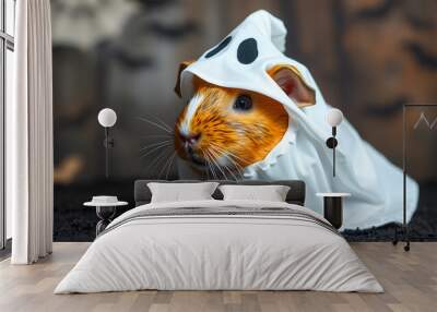 Guinea pig in a ghost costume with a spooky background, ghost guinea pig, adorable Halloween rodent Wall mural