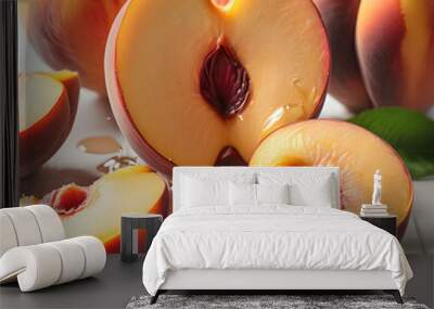 Juicy peach , juice running down , summer vibes, bright and fresh. Wall mural