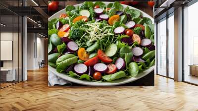 Leafy green salad with a variety of fresh vegetables, rich in vitamins and minerals, brain health focus. Wall mural