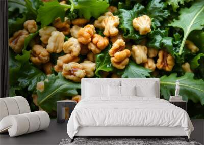 Leafy green salad with kale, spinach, and walnuts, nutrient-dense meal, brain health focus. Wall mural