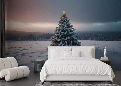 A serene snowy landscape featuring a beautifully decorated Christmas tree, adorned with lights and gifts, with a pine forest and mountains background Wall mural