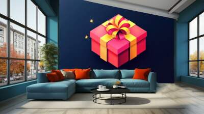 3D digital illustration of a vibrant, wrapped present box with gift ribbon and bow. Contemporary and minimalistic graphic. Wall mural