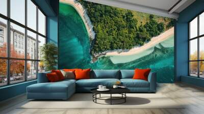 A beautiful tropical beach scene with white sand, clear blue water and lush greenery. Wall mural