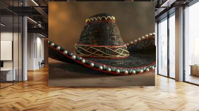 A black hat with red trim and a white pearl on the brim. The hat is sitting on a sandy surface Wall mural