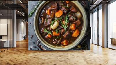 A bowl of stew with meat and carrots. The stew is brown and has a rich, hearty flavor. The carrots are cooked and tender, and the meat is tender and juicy. The dish is garnished with fresh herbs Wall mural