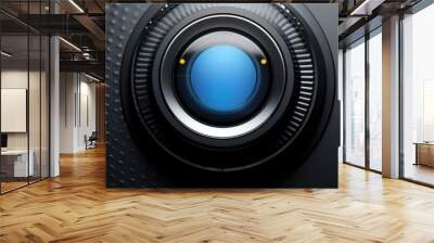 A close up of a camera lens with a blue light Wall mural