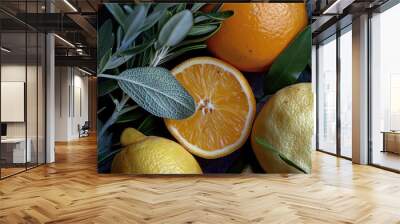 A close up of an orange with a leaf on top Wall mural