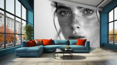 A close-up shot of a woman's face showing off her freckles, great for beauty or lifestyle content Wall mural