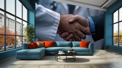 A close-up shot of two individuals extending their hands to shake, symbolizing friendship or partnership Wall mural