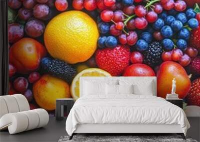 A colorful assortment of fruits including oranges, apples, and strawberries. Concept of abundance and freshness Wall mural