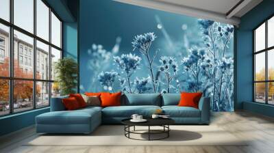 A field of blue flowers covered in frost Wall mural