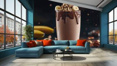 A glass of chocolate milk with banana slices on top. Concept of indulgence and comfort, as the combination of chocolate and banana is a popular and delicious treat Wall mural