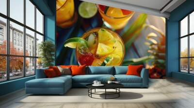 a glass of fruit punch with a slice of lime and a strawberry on top. the drink is served in a tall g Wall mural