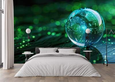 A green glass globe sits on a black background. The globe is surrounded by a pattern of green lights. Concept of technology and futuristic design Wall mural