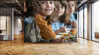 A group of children are sitting at a table eating food. One girl is smiling and looking at the camera Wall mural