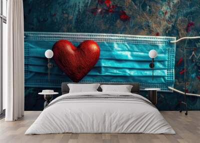 A heart is placed on top of a blue face mask Wall mural