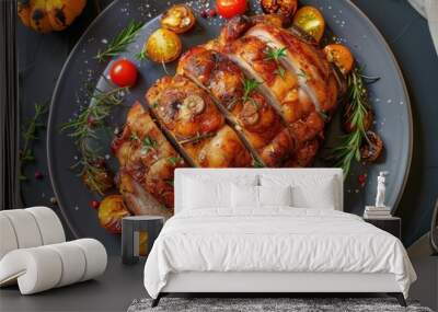 A large roast with herbs and tomatoes on a plate Wall mural