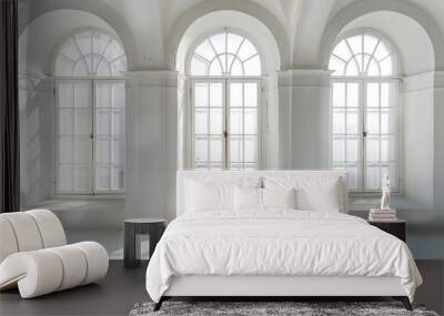 A large room with three windows, each with a white frame. The windows are all open, letting in a lot of light. The room is very bright and airy, with a sense of openness and spaciousness Wall mural