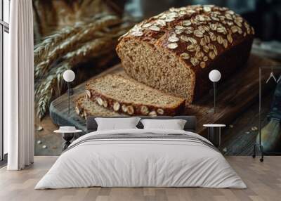 A loaf of bread with a few slices missing on a wooden cutting board. The bread is topped with oats and has a rustic appearance Wall mural