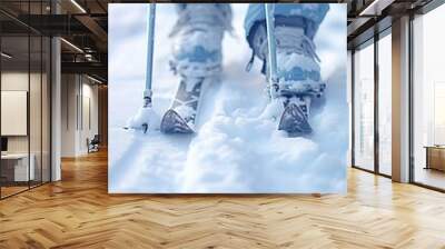 A person is standing in the snow with skis on and poles in their hands. The skis are blue and white, and the person's pants are also blue. Concept of adventure and excitement Wall mural