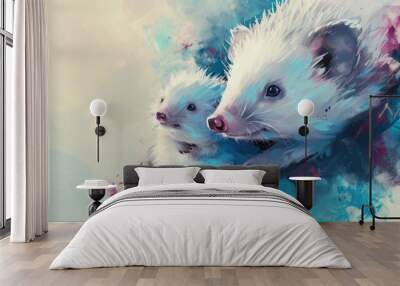 A picture of two small, cute hedgehogs sitting on a bright blue background Wall mural