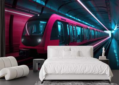 A pink train travels through a busy subway station Wall mural