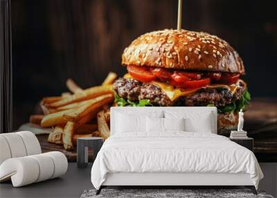 A plate of freshly cooked cheeseburgers and crispy french fries on a wooden cutting board Wall mural